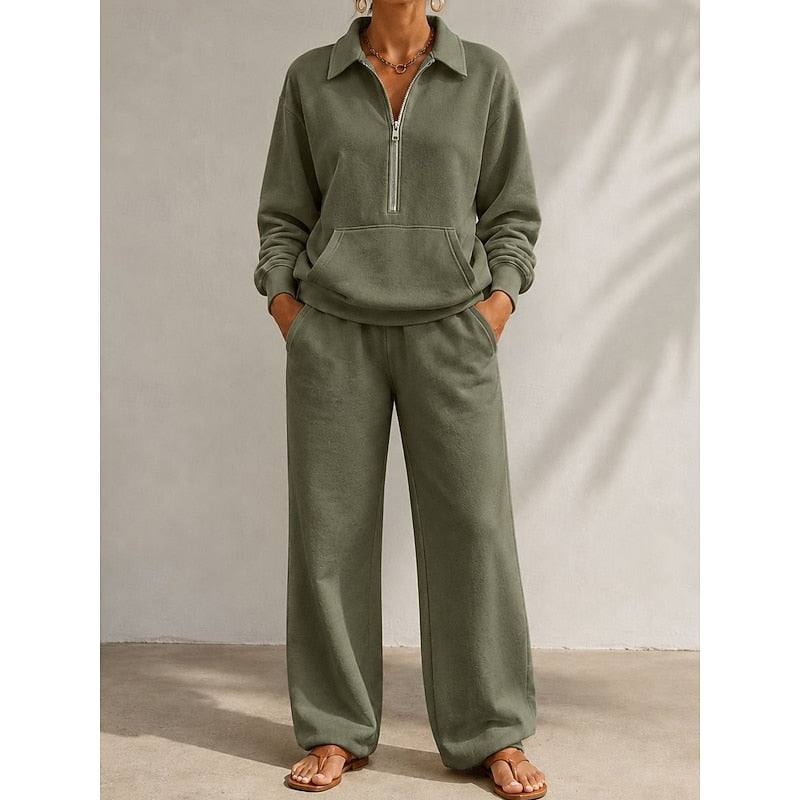 Half-zip kangaroo-pocket lounge set in green for women