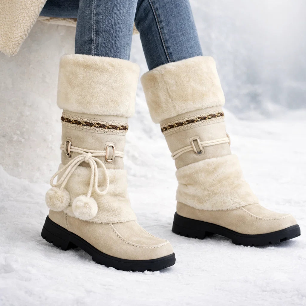 Plush mid-calf snow boots with faux-fur cuff and pom-poms for women