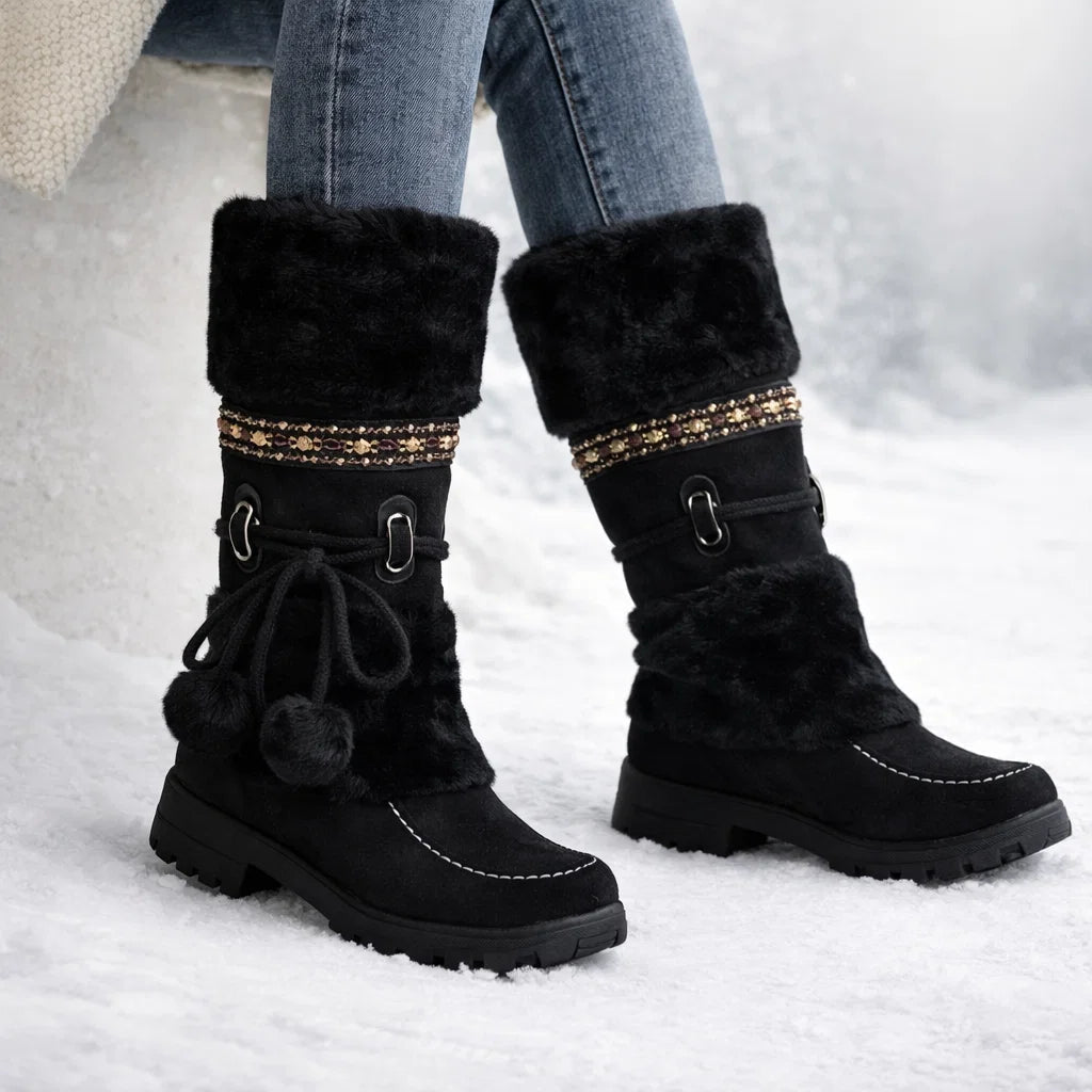 Plush mid-calf snow boots with faux-fur cuff and pom-poms for women