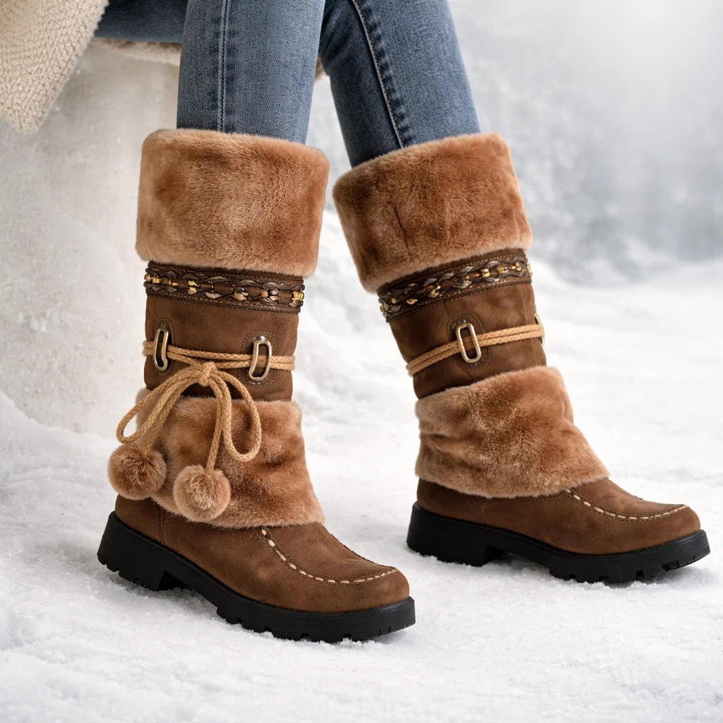 Plush mid-calf snow boots with faux-fur cuff and pom-poms for women