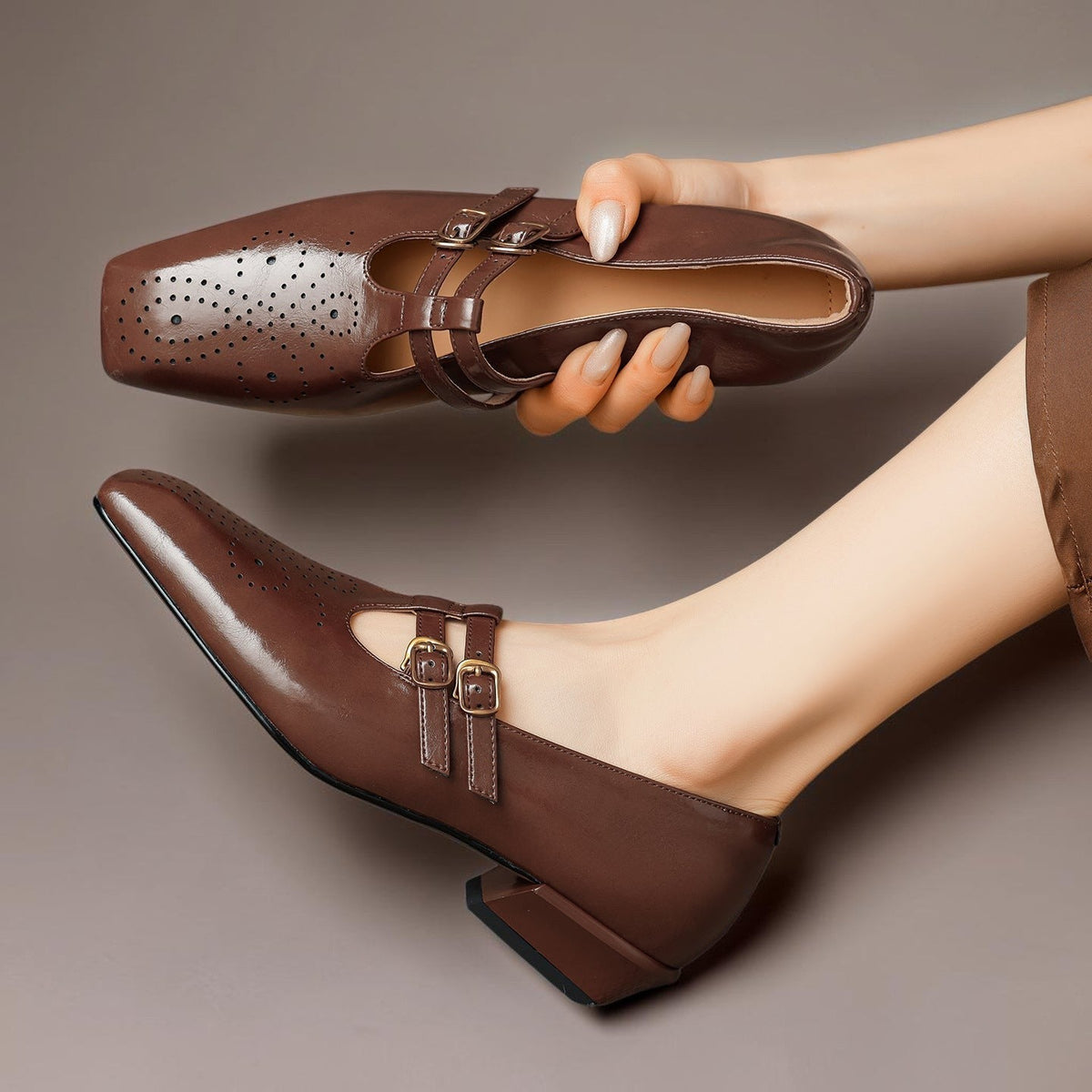 Double buckle brogue Mary Jane heels for women