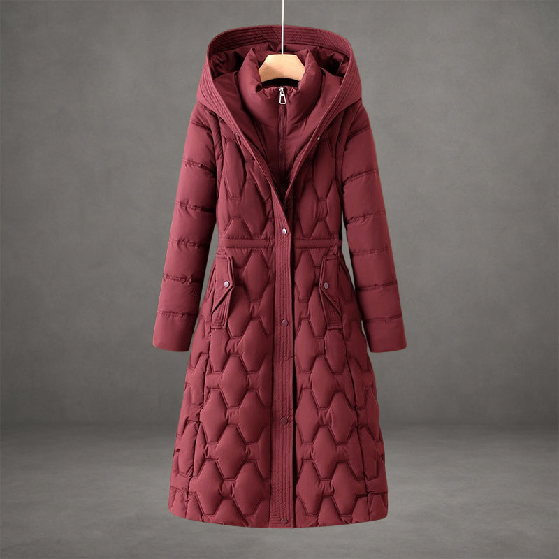 Longline hooded down coat for women in red, white, brown or black
