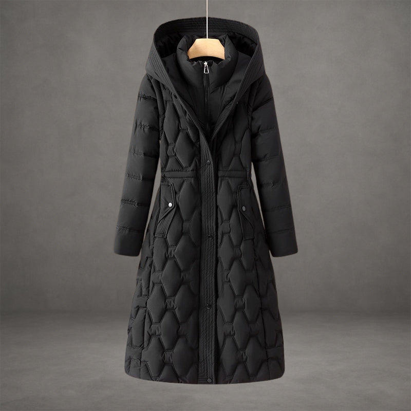 Longline hooded down coat for women in red, white, brown or black