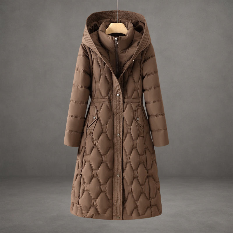 Longline hooded down coat for women in red, white, brown or black