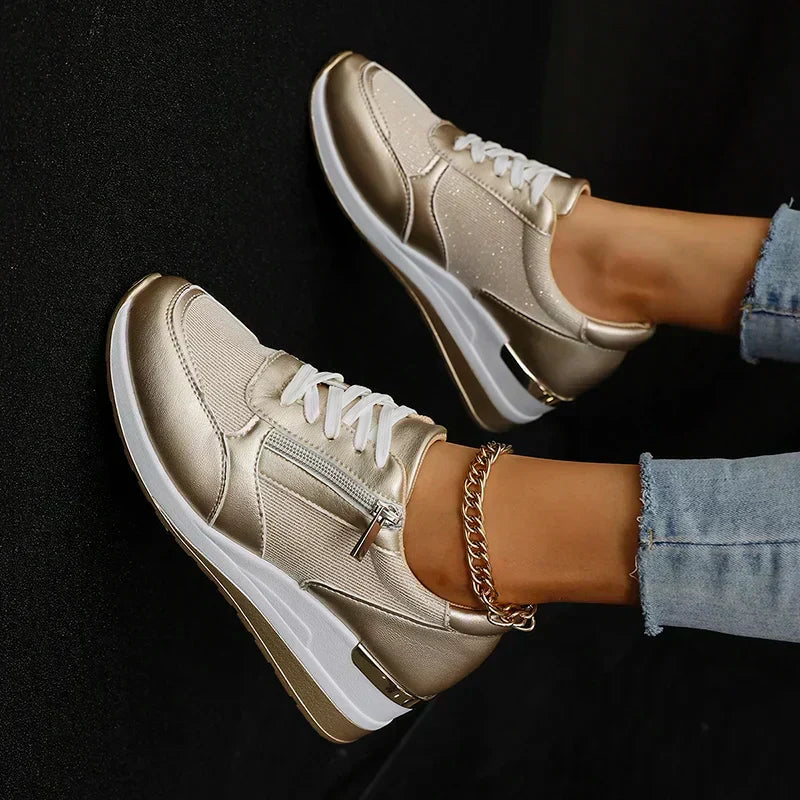 Metallic platform wedge sneakers for women