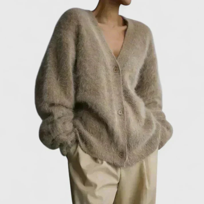 Fuzzy V-neck cardigan in beige, light gray, white and dark gray for women