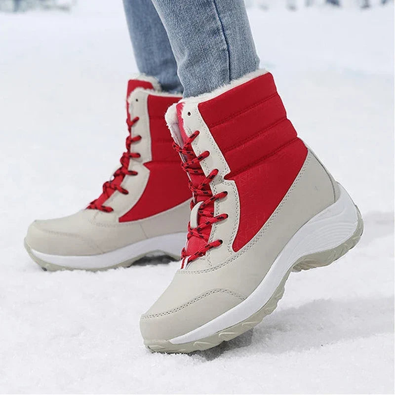 Waterproof faux fur cuff lace-up snow boots for women
