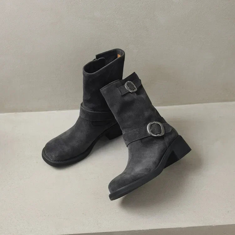 Square toe mid-calf double buckle boots for women