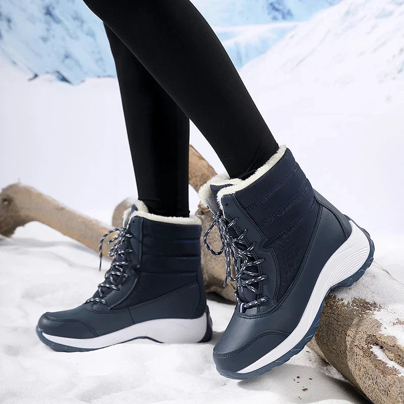 Waterproof faux fur cuff lace-up snow boots for women