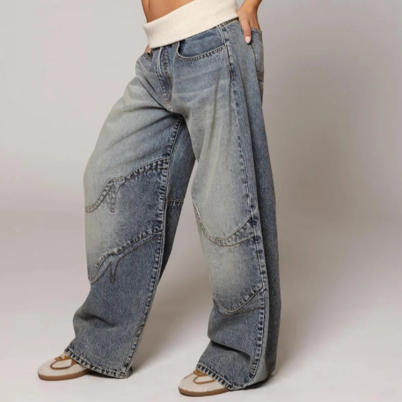 Ribbed waist wide leg jeans for women