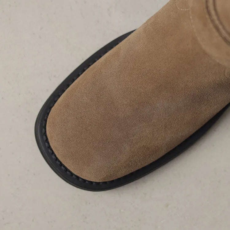 Square toe mid-calf double buckle boots for women