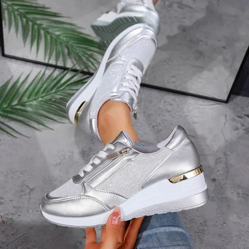 Metallic platform wedge sneakers for women