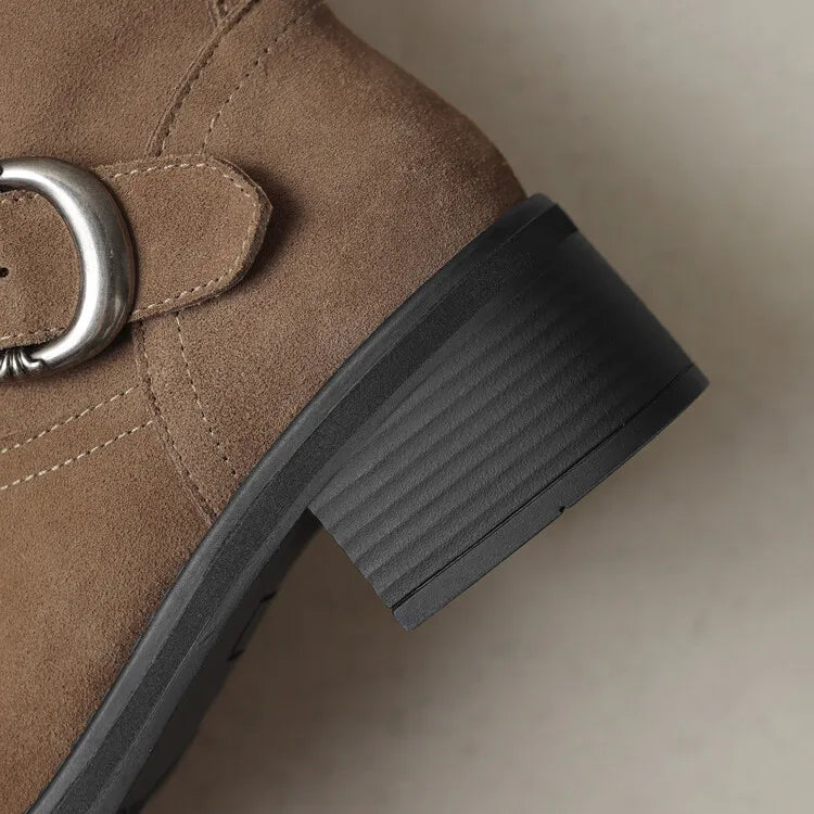 Square toe mid-calf double buckle boots for women