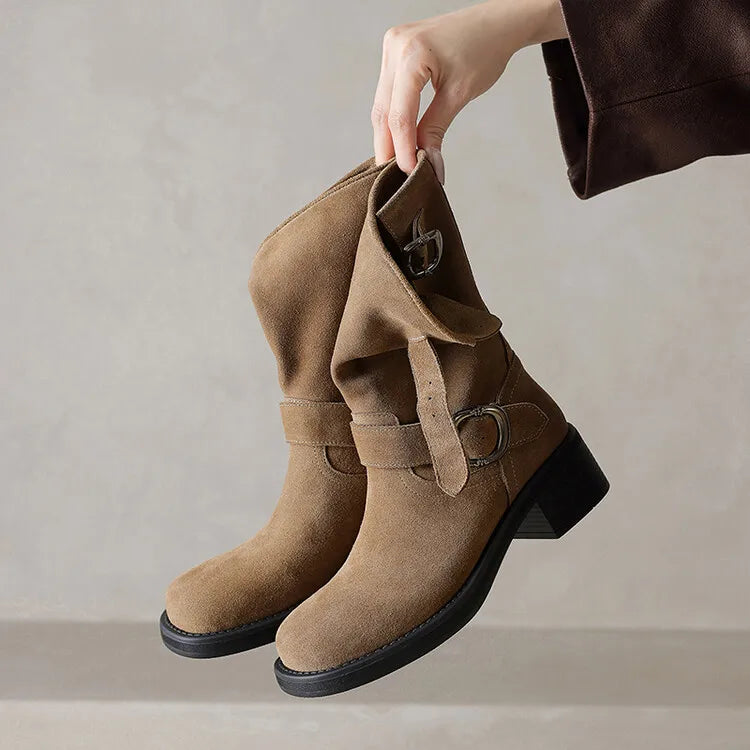Square toe mid-calf double buckle boots for women