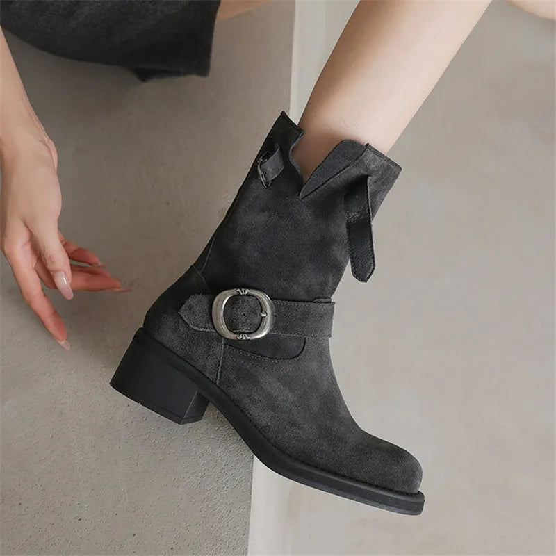 Square toe mid-calf double buckle boots for women