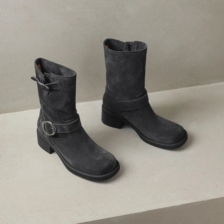 Square toe mid-calf double buckle boots for women