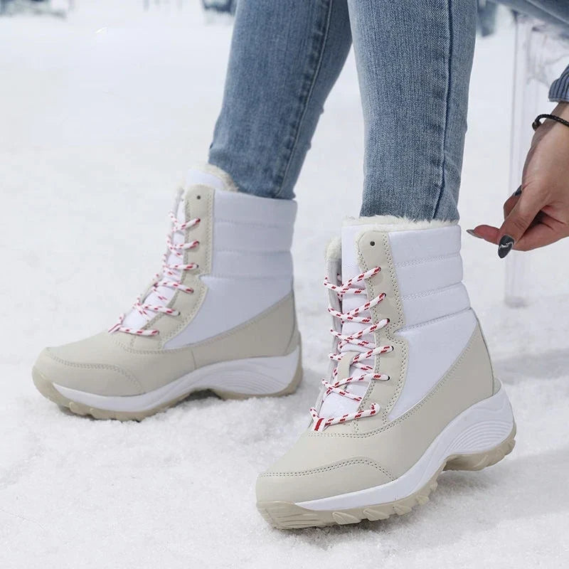 Waterproof faux fur cuff lace-up snow boots for women
