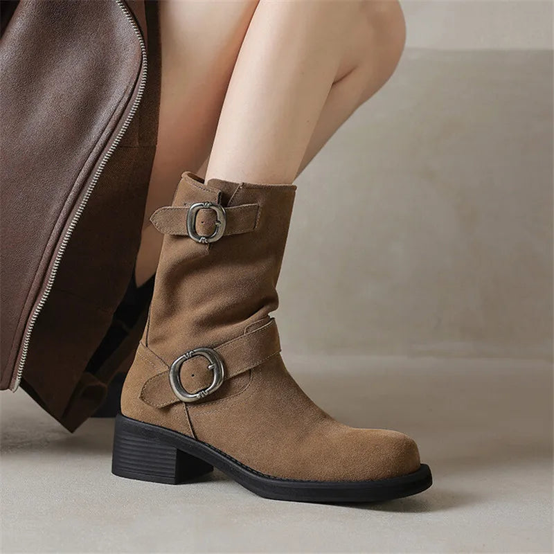 Square toe mid-calf double buckle boots for women