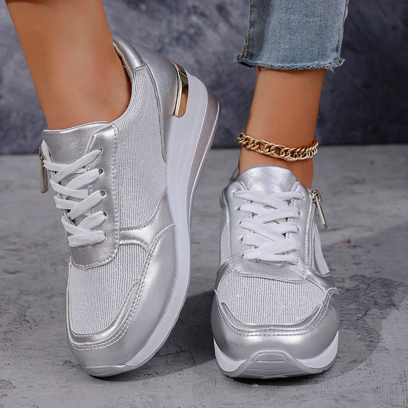 Metallic platform wedge sneakers for women