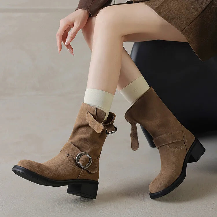 Square toe mid-calf double buckle boots for women