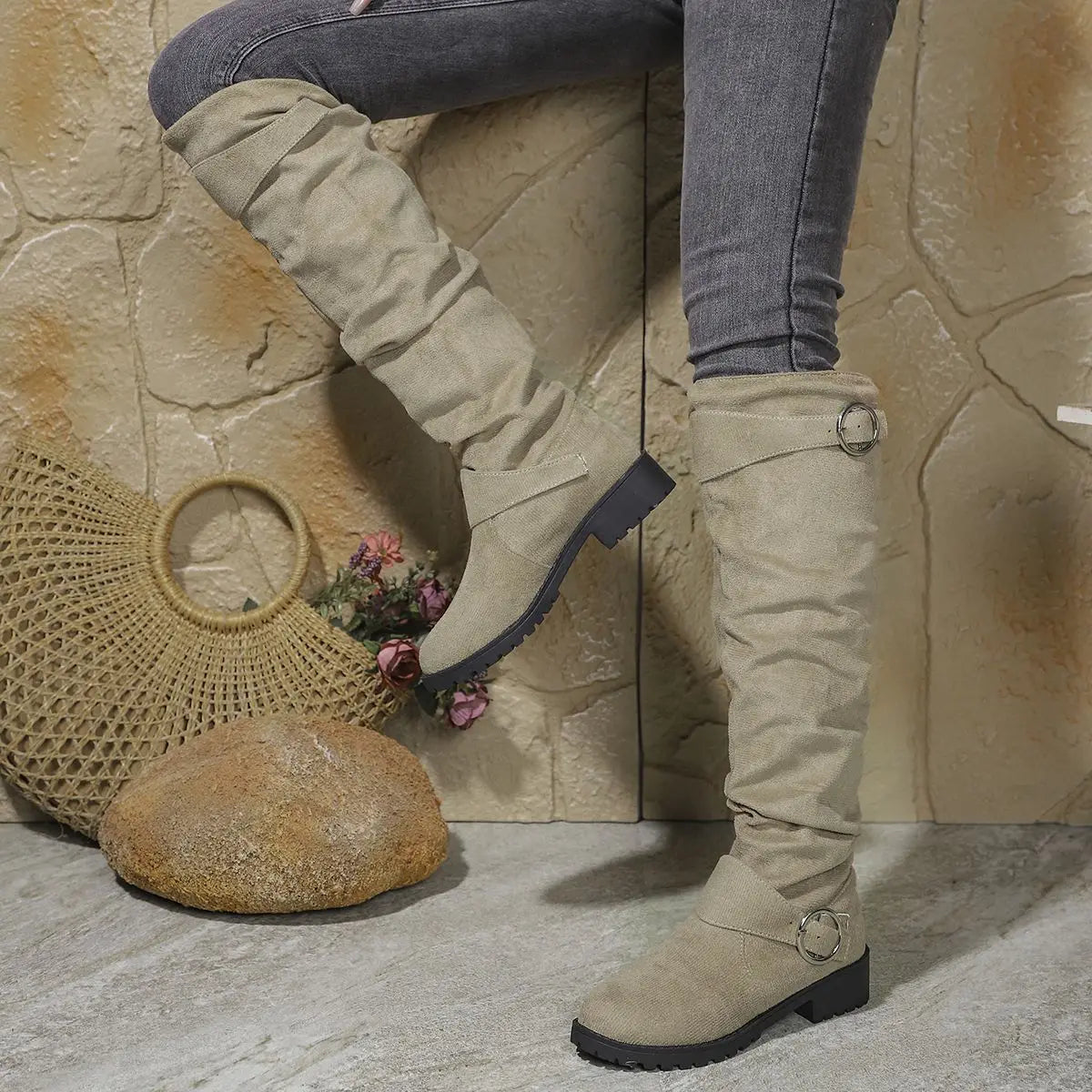 Buckle slouch over-the-knee boots for women