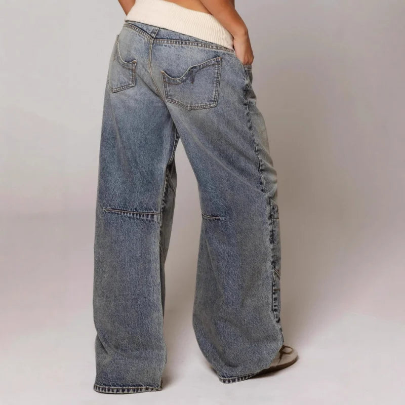 Ribbed waist wide leg jeans for women