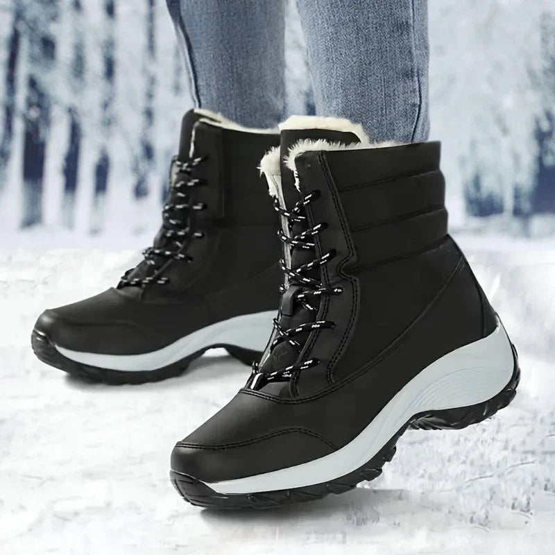 Waterproof faux fur cuff lace-up snow boots for women