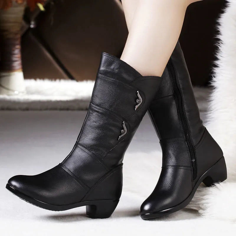 Black embellished pointed toe mid-calf boots for women