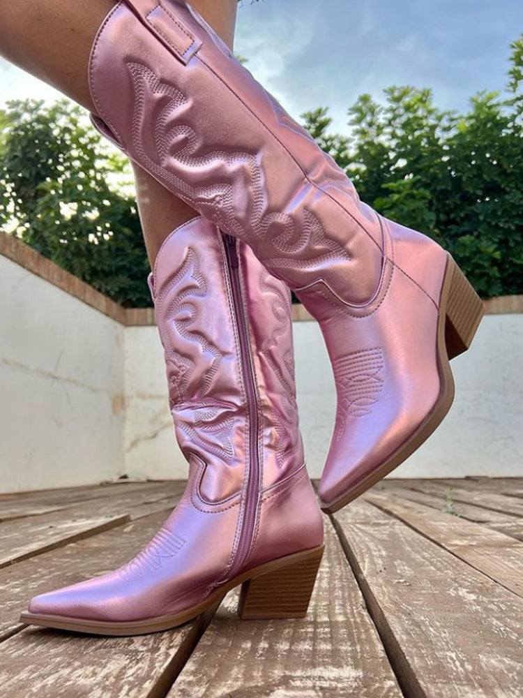 Metallic cowboy boots with side zip for women