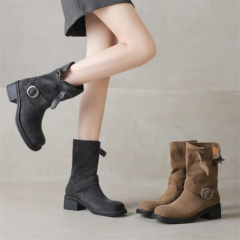 Square toe mid-calf double buckle boots for women