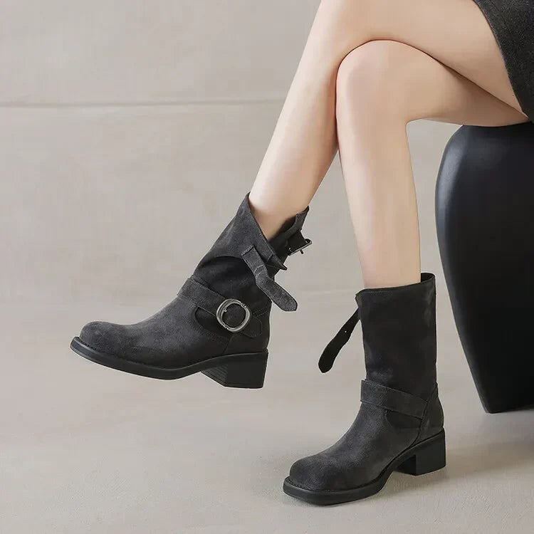 Square toe mid-calf double buckle boots for women