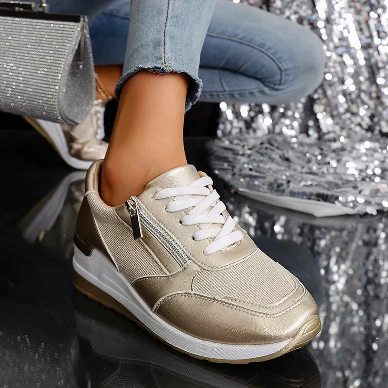 Metallic platform wedge sneakers for women