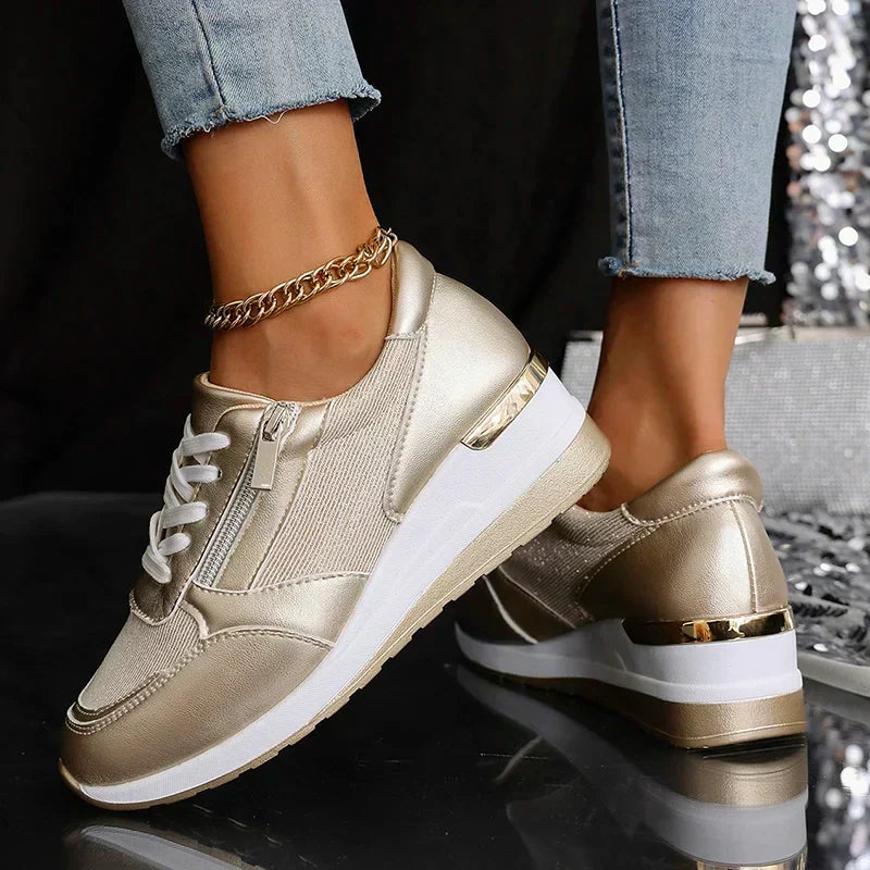 Metallic platform wedge sneakers for women
