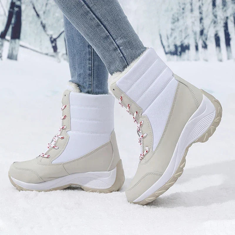 Waterproof faux fur cuff lace-up snow boots for women
