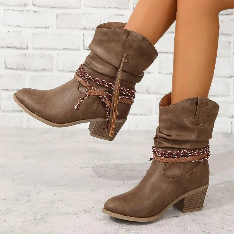 Braided tassel slouch boots for women