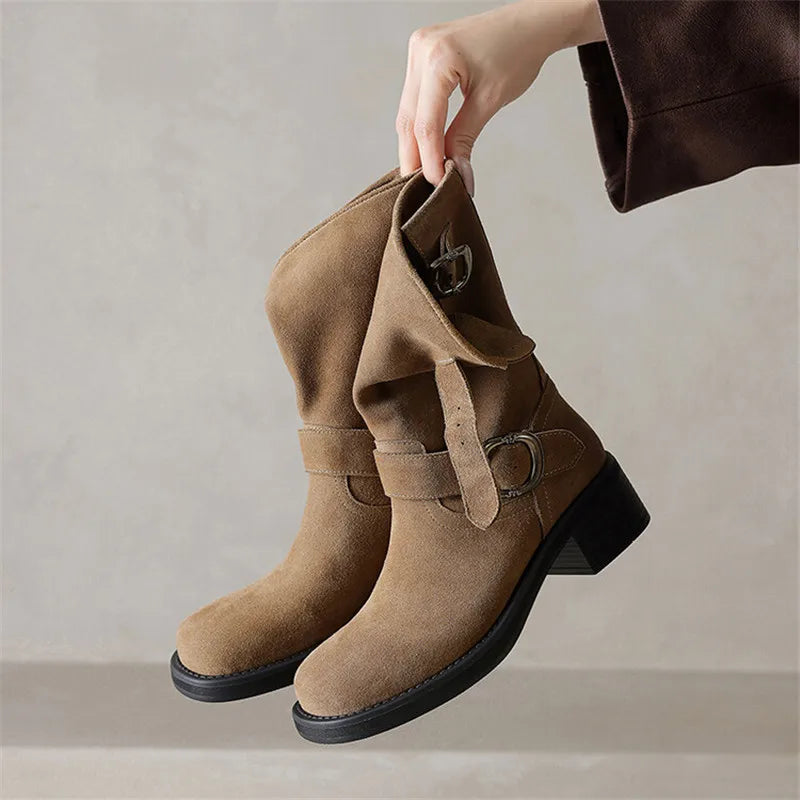 Square toe mid-calf double buckle boots for women