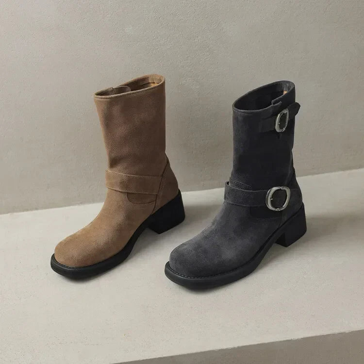 Square toe mid-calf double buckle boots for women