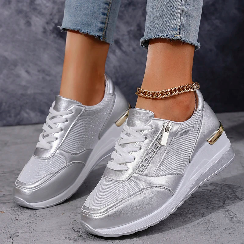 Metallic platform wedge sneakers for women