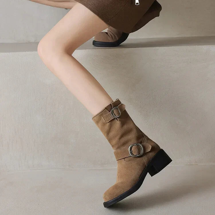 Square toe mid-calf double buckle boots for women