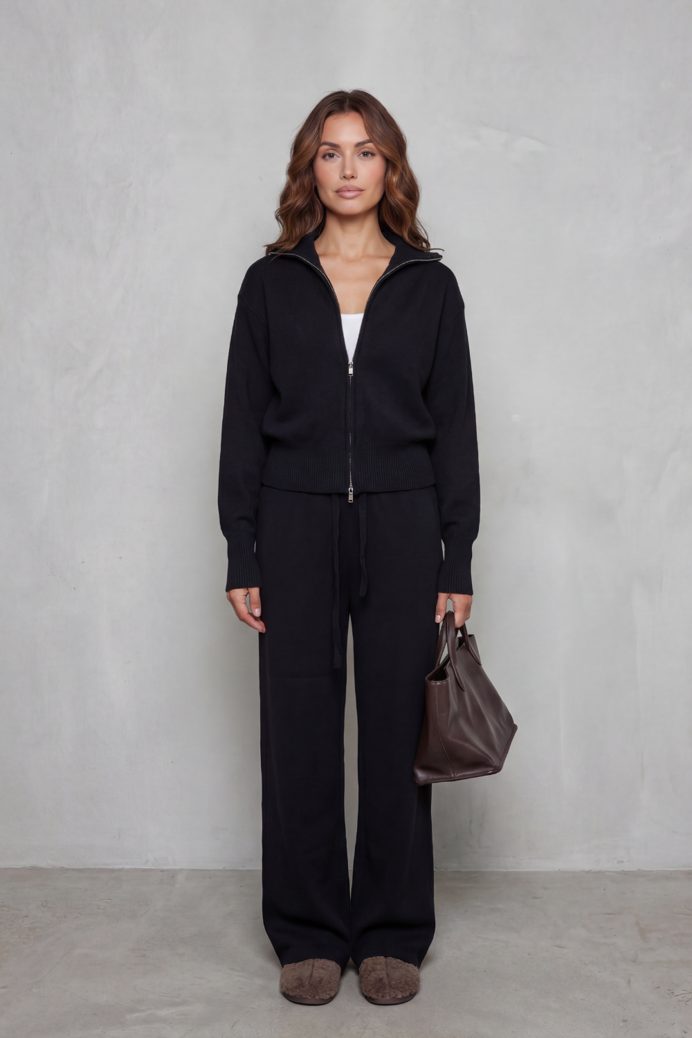 Zip-front knit wide-leg set for women