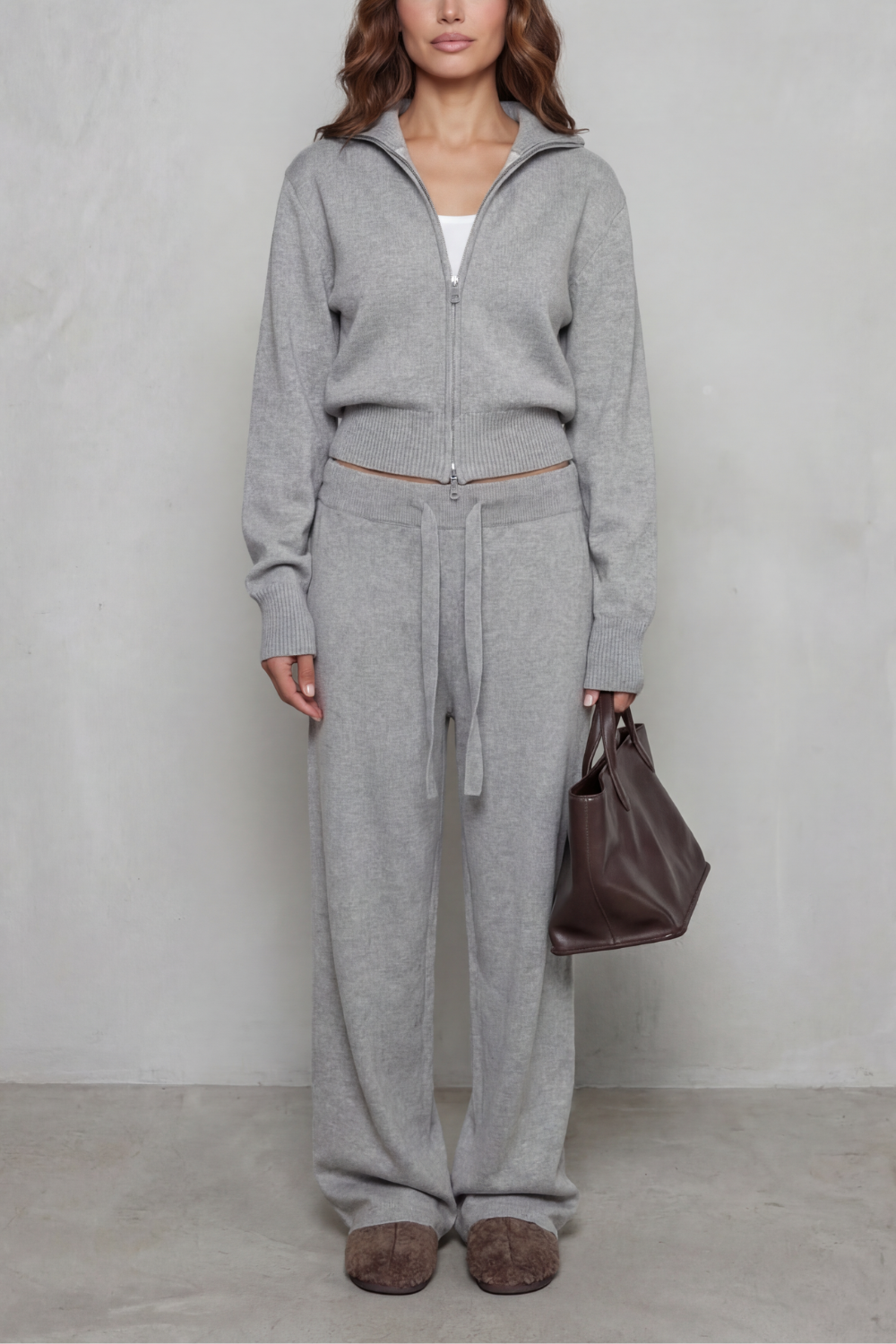Zip-front knit wide-leg set in grey for women