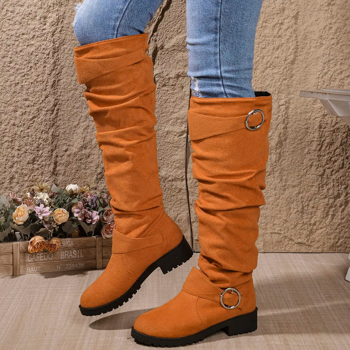 Buckle slouch over-the-knee boots for women