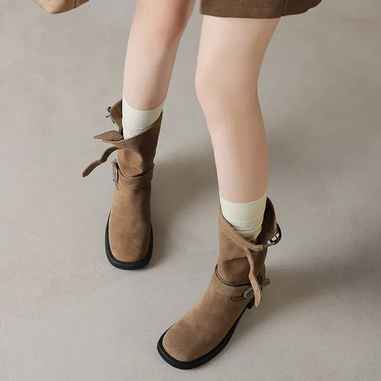 Square toe mid-calf double buckle boots for women
