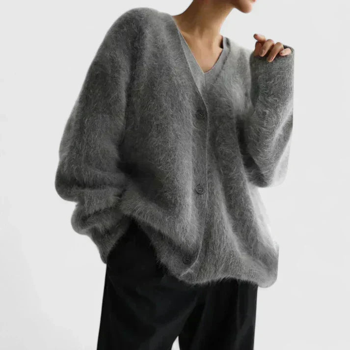 Fuzzy V-neck cardigan in beige, light gray, white and dark gray for women