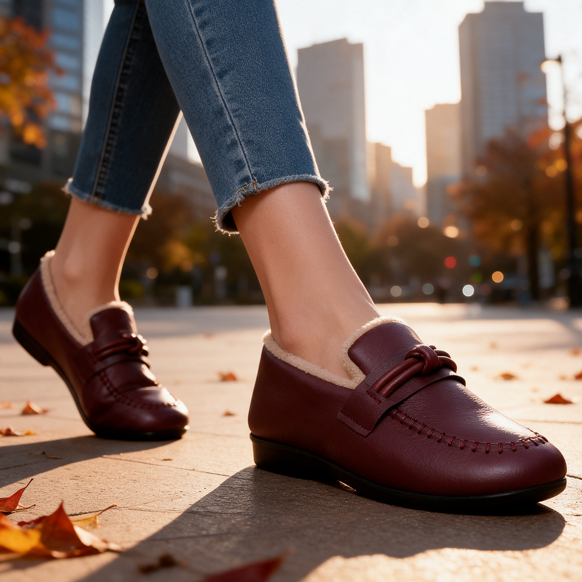 Fleece-lined knot leather-look loafers for women