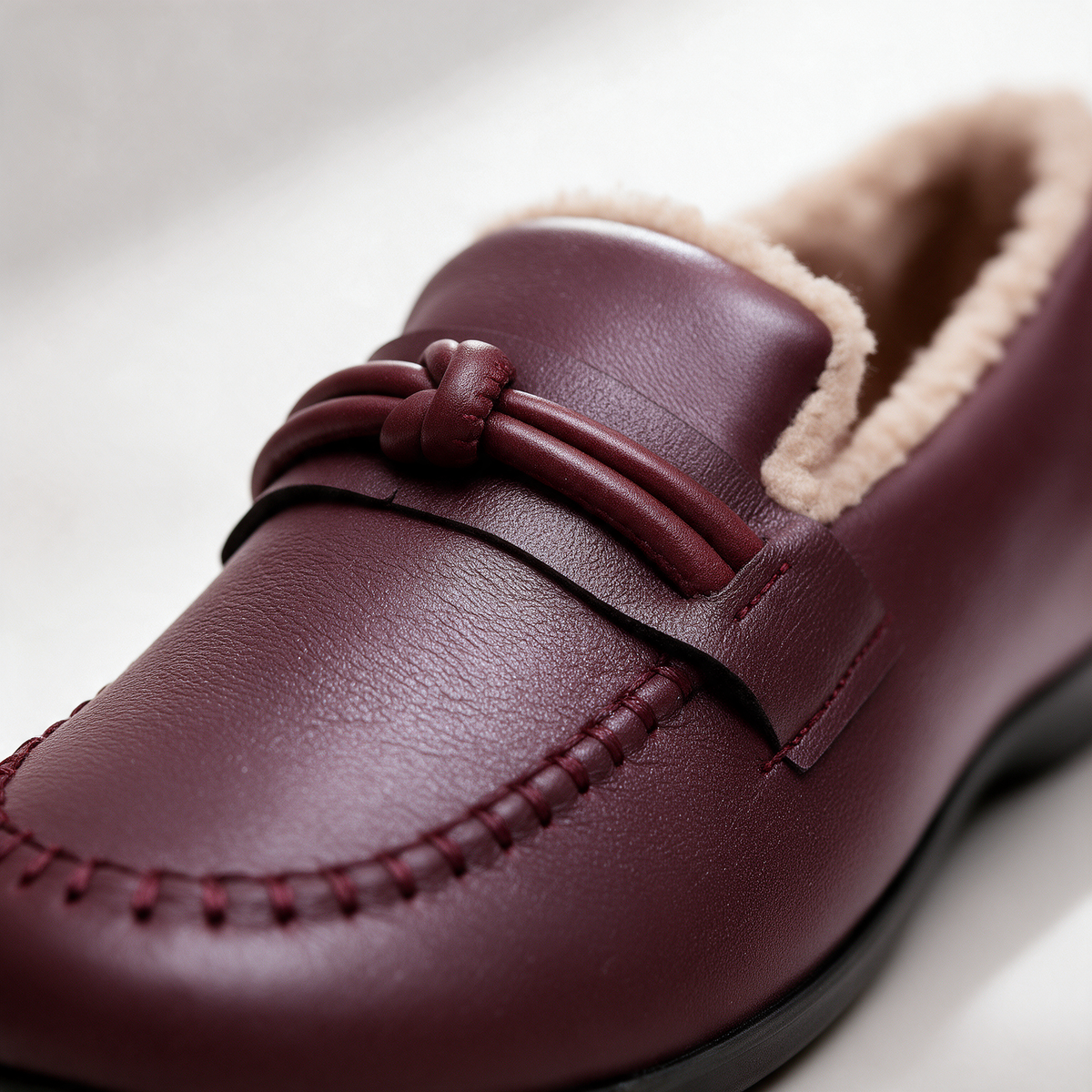 Fleece-lined knot leather-look loafers for women