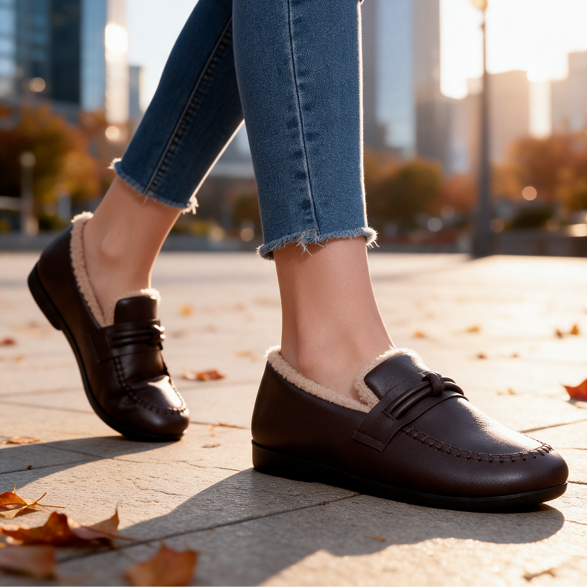 Fleece-lined knot leather-look loafers for women