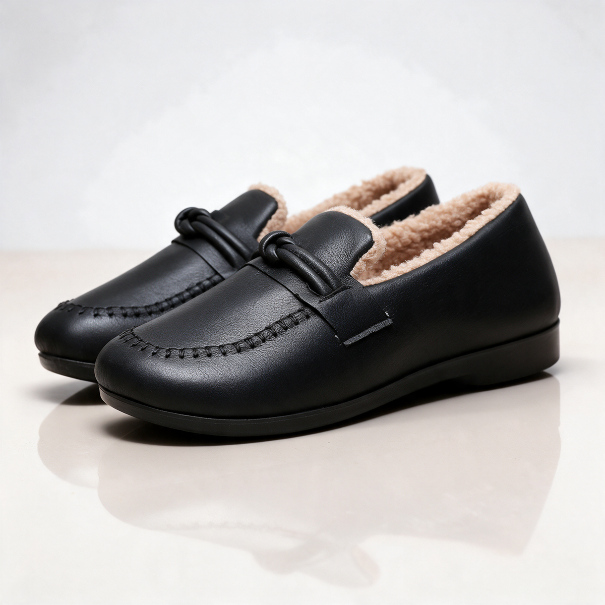 Fleece-lined knot leather-look loafers for women