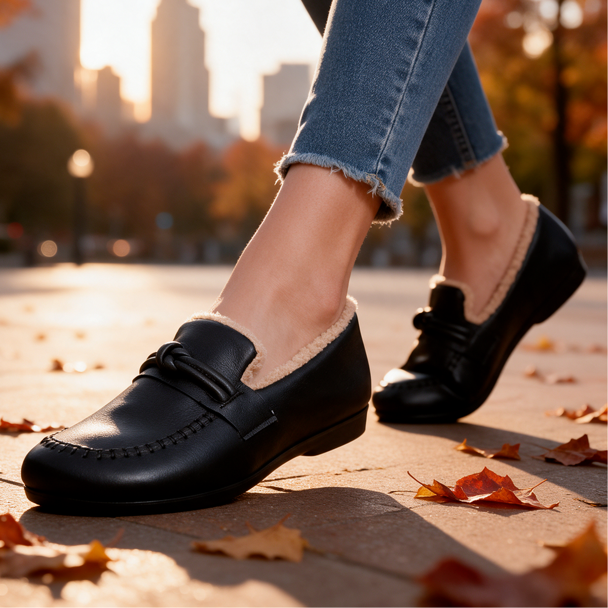 Fleece-lined knot leather-look loafers for women