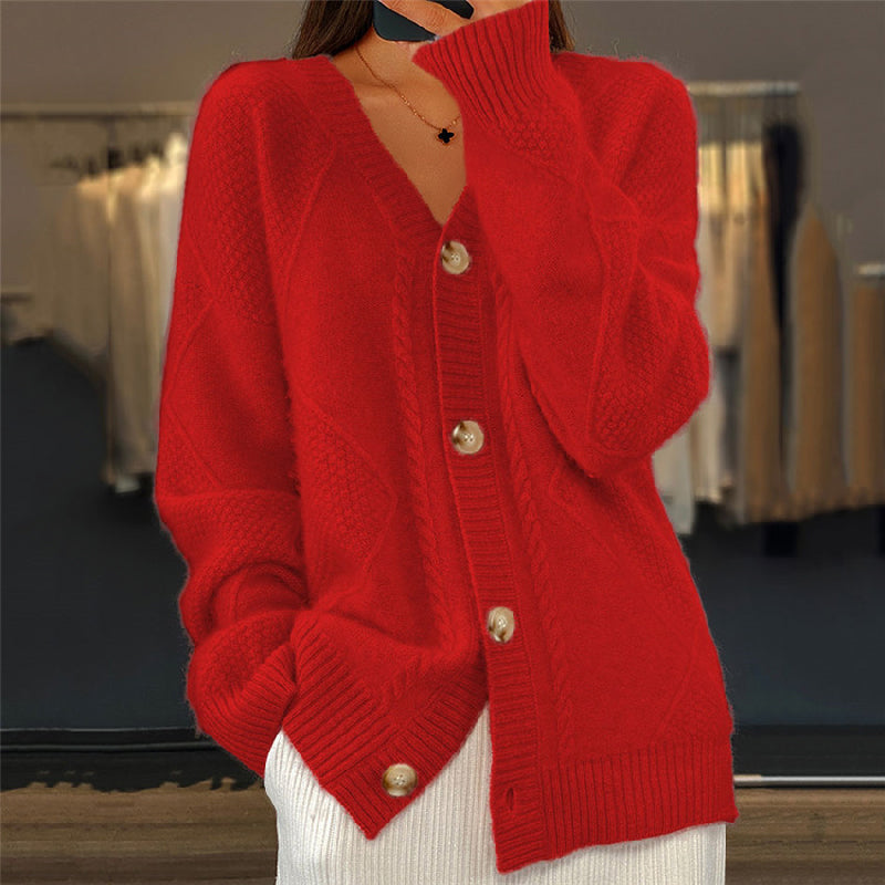 Cable knit V-neck cardigan in pink, gray, beige and red for women